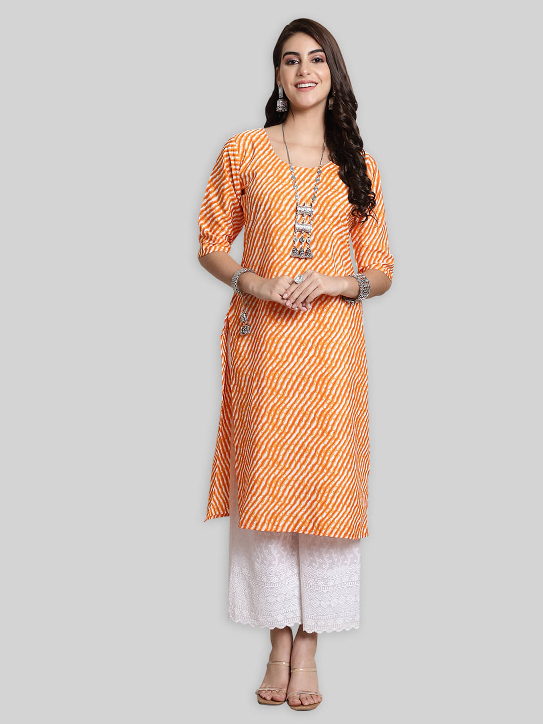 7Threads Crepe Striped Straight Women's Kurti - Orange ( Pack of 1 ) 7Threads Crepe Striped Straight Women's Kurti - Orange ( Pack of 1 )