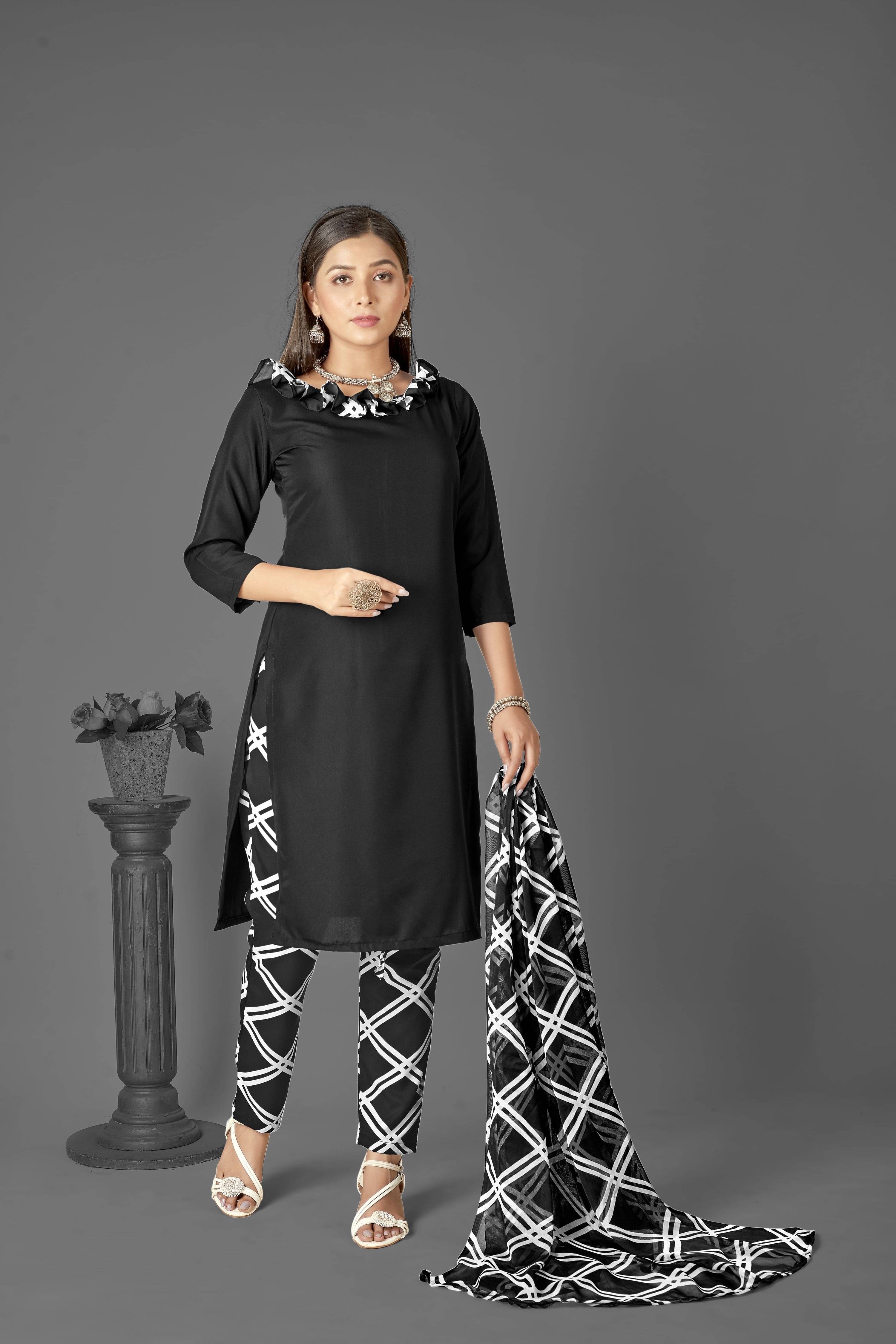 Kashvi Unstitched Crepe Checks Dress Material - Black ( Pack of 1 ) Kashvi Unstitched Crepe Checks Dress Material - Black ( Pack of 1 )