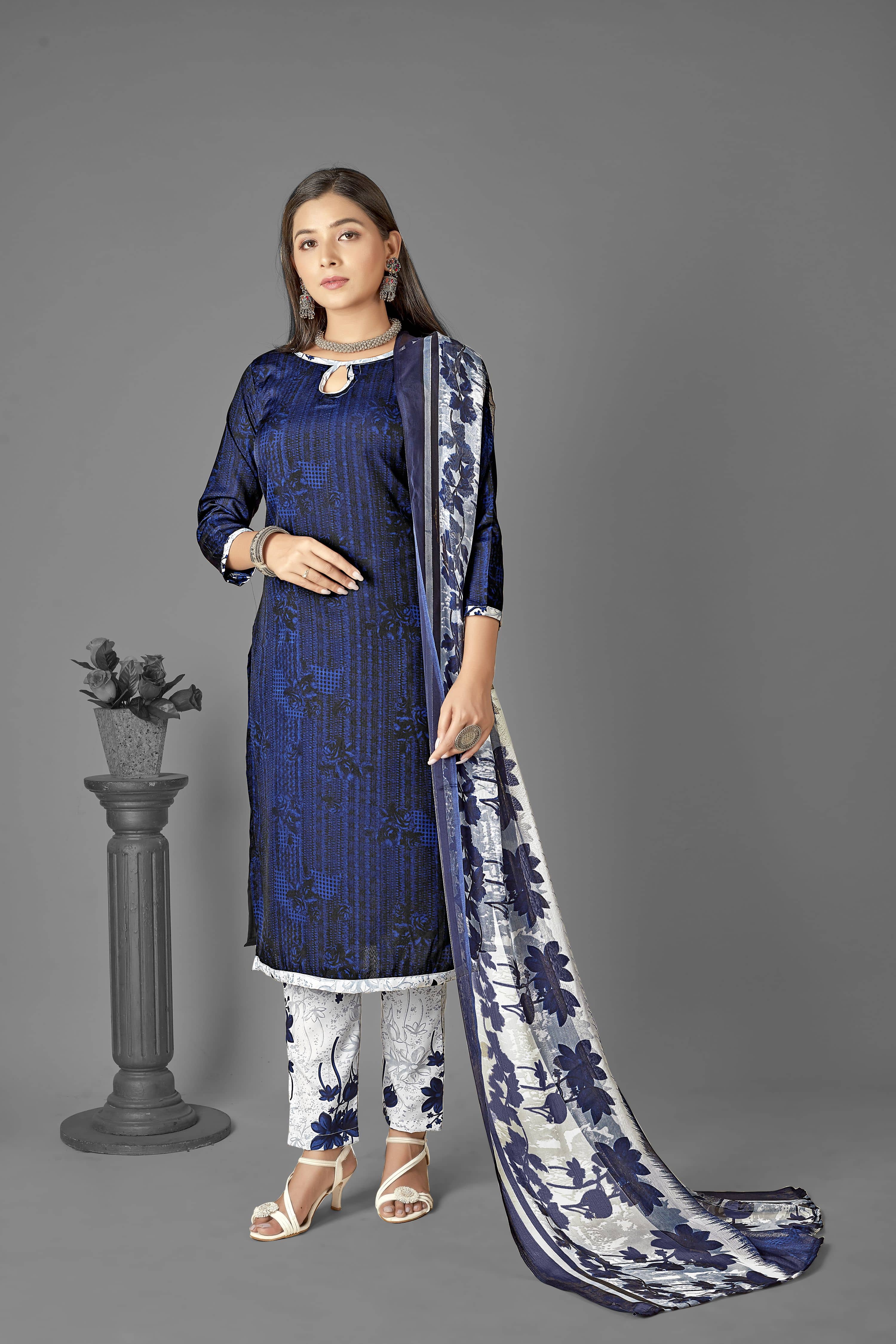 Kashvi Unstitched Crepe Printed Dress Material - Navy Blue ( Pack of 1 ) - Unstitched Fabrics | Buy online on ZillyBuy