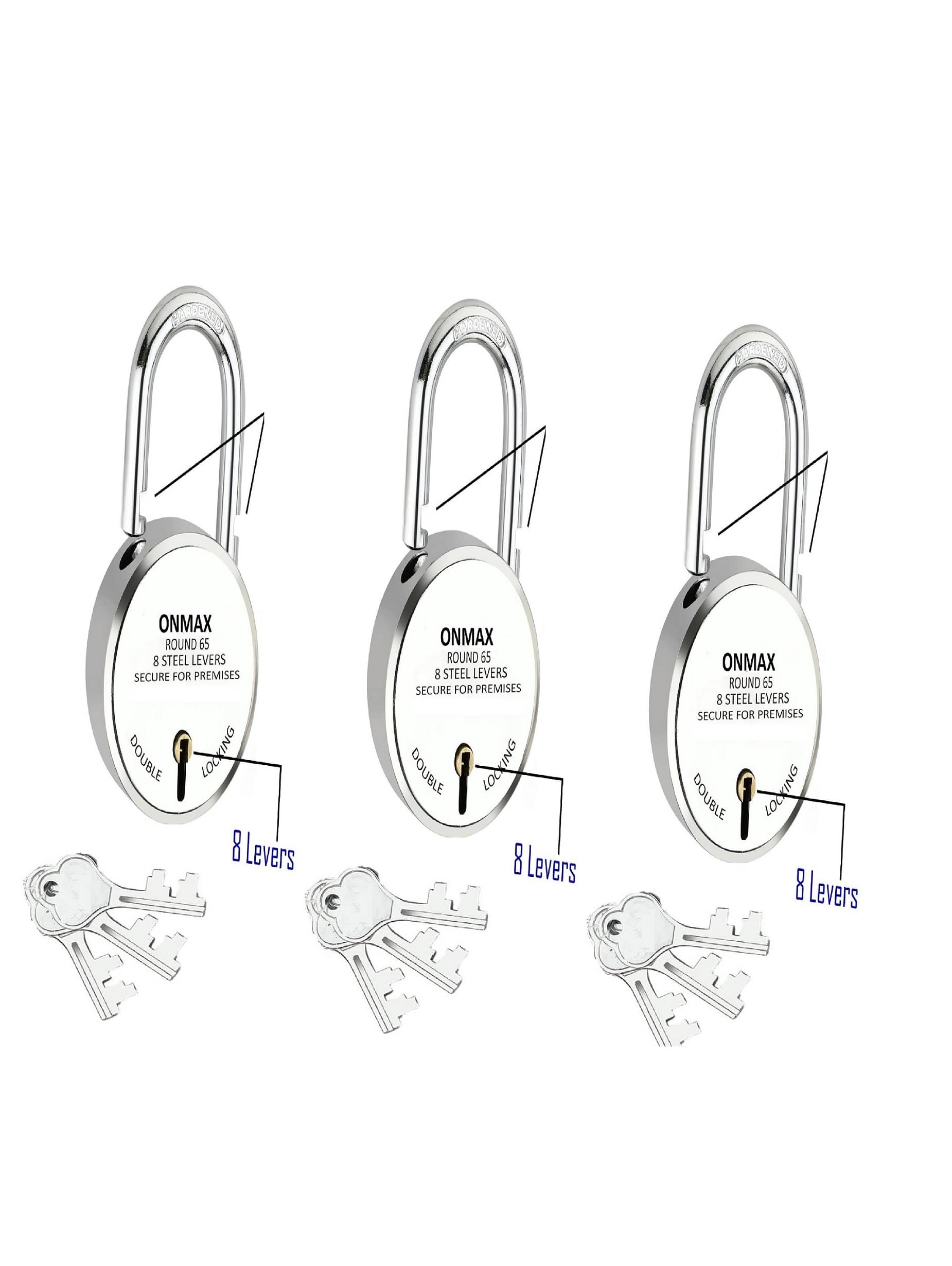     			Onmax New Round 65mm Lock | Long Shackle Padlock | Metal Body | Double Locking | 8 Steel Levers | Silver Finish | Home Improvement | Made in India |(SRDL65)Pack of 3 Pcs