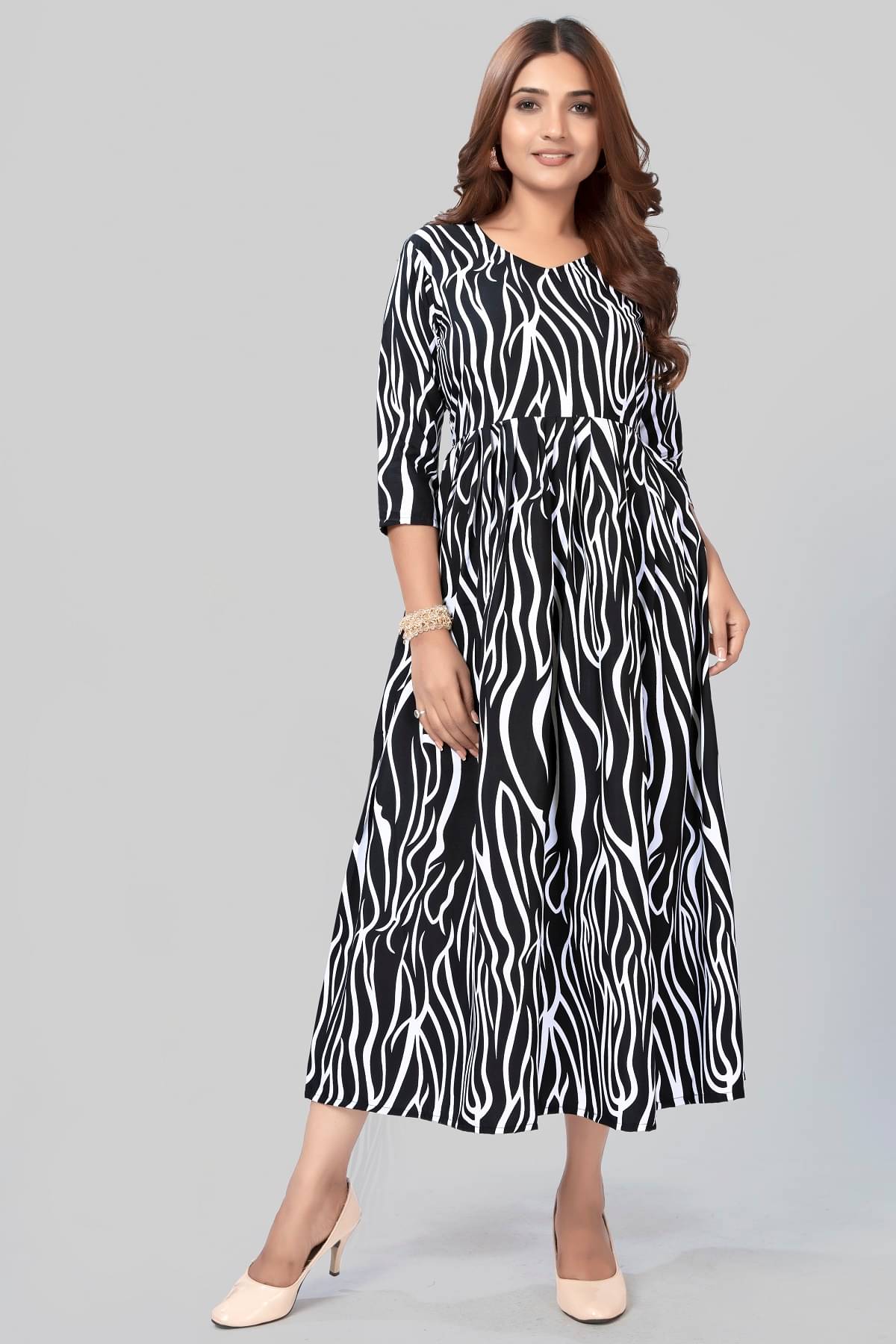     			PRIJHON Women Polyester Printed Fit & Flare Dress ( White )