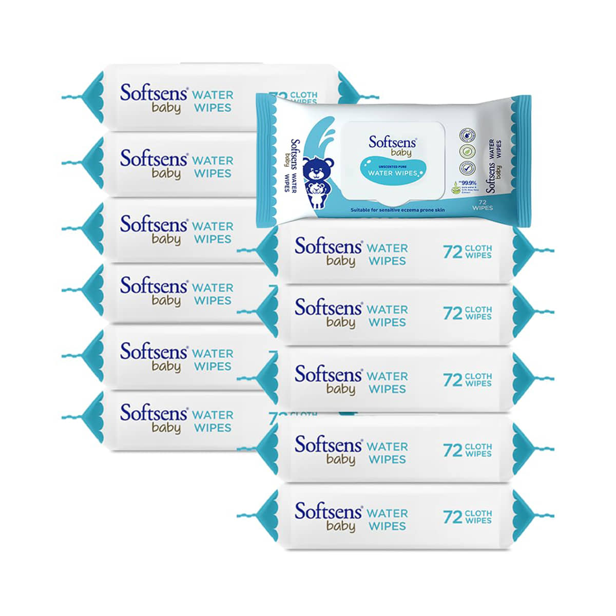 Softsens Baby 99.9% Pure Water Wipes, Pure Aloe Vera Extract Wipes For Babies, 72 Wipes, Pack of 12