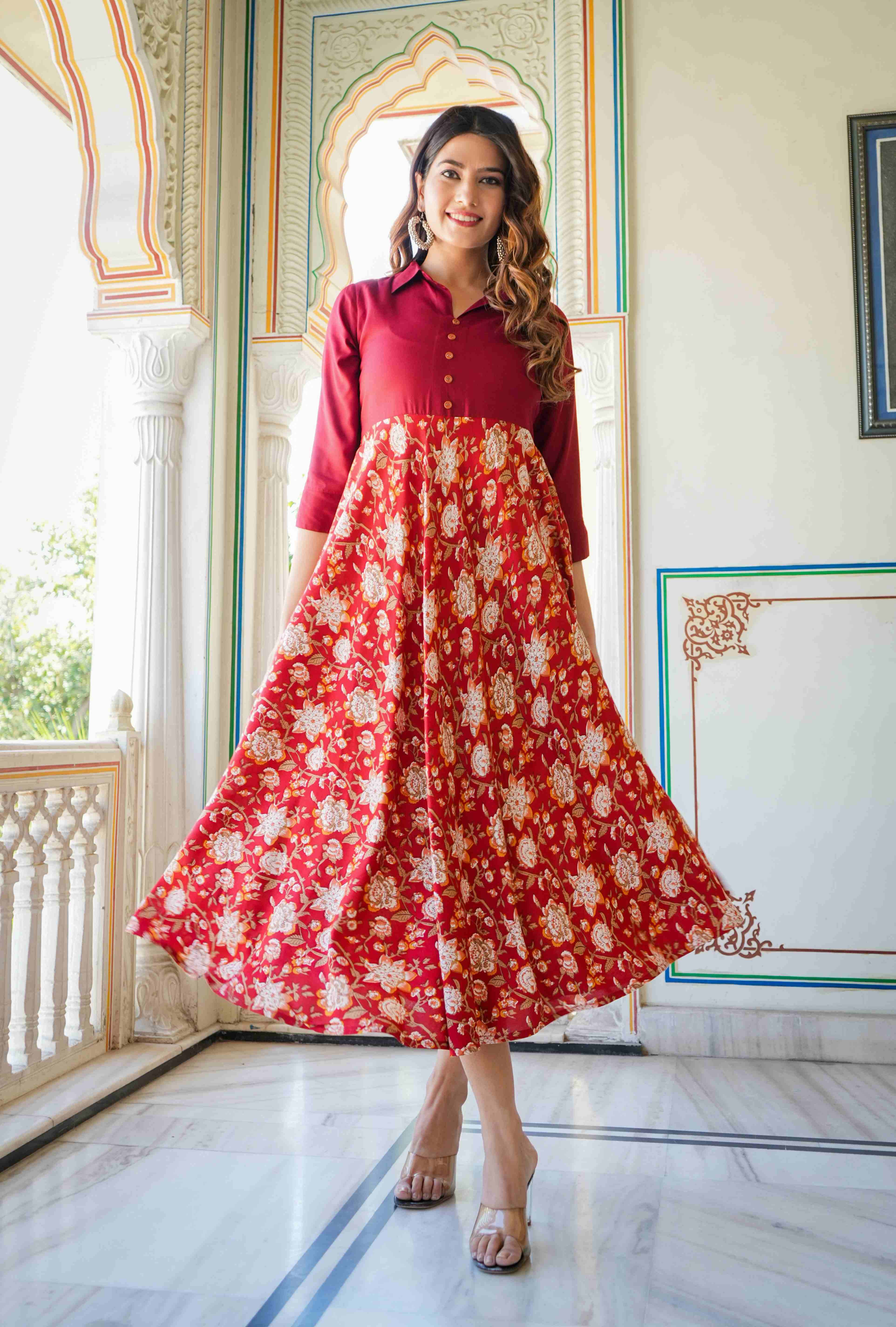     			Yash Gallery Women Rayon Printed Ethnic Dress ( Maroon )
