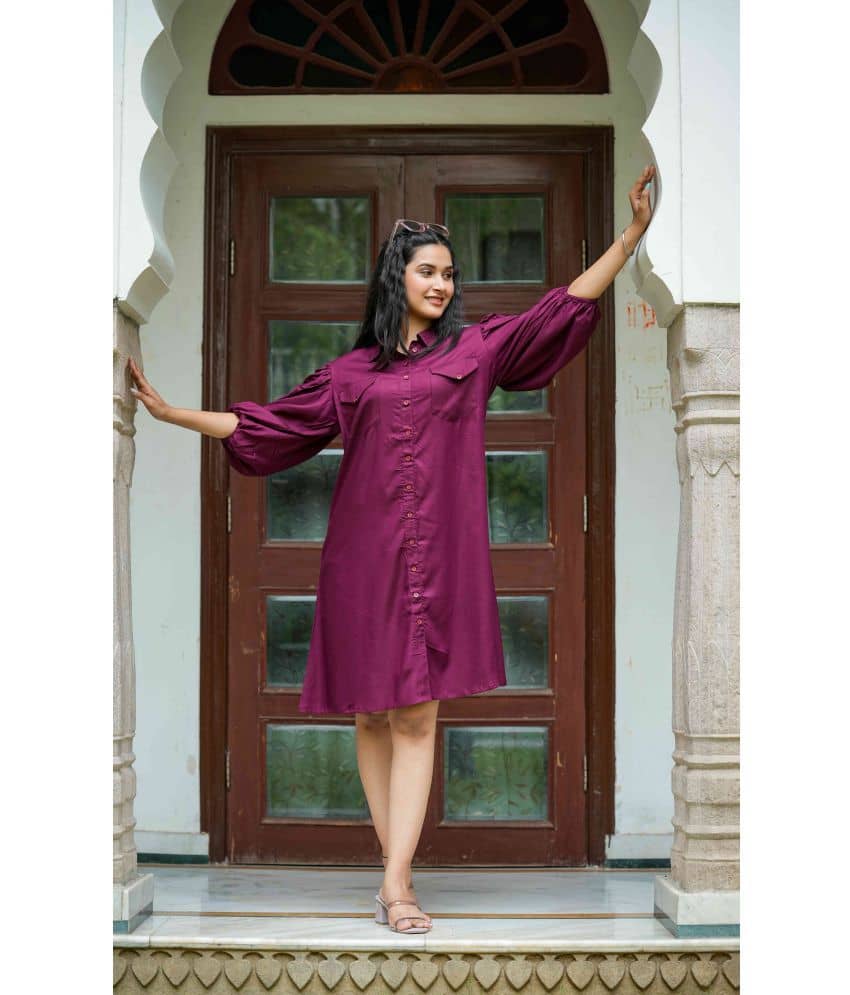 Yash Gallery Women Rayon Solid Shirt Dress ( Wine )