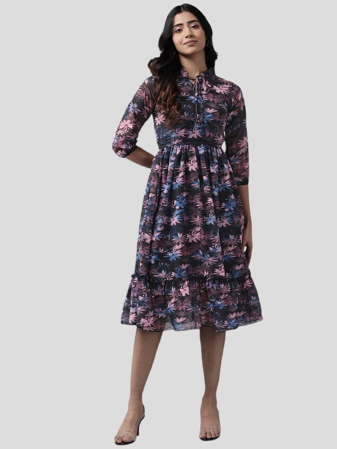 Aarika Women Georgette Printed Fit & Flare Dress ( Black ) Aarika Women Georgette Printed Fit & Flare Dress ( Black )