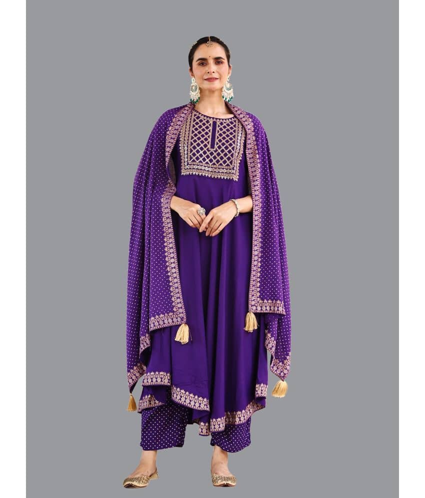 Amira creations Rayon Embroidered Kurti With Pants Women's Stitched Salwar Suit - Purple ( Pack of 1 )