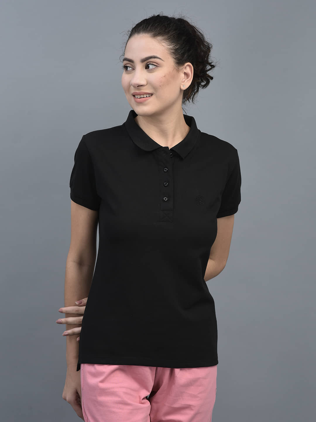 Dollar Women Cotton Blend Solid Regular Fit Polo Collar T-Shirt ( Black )