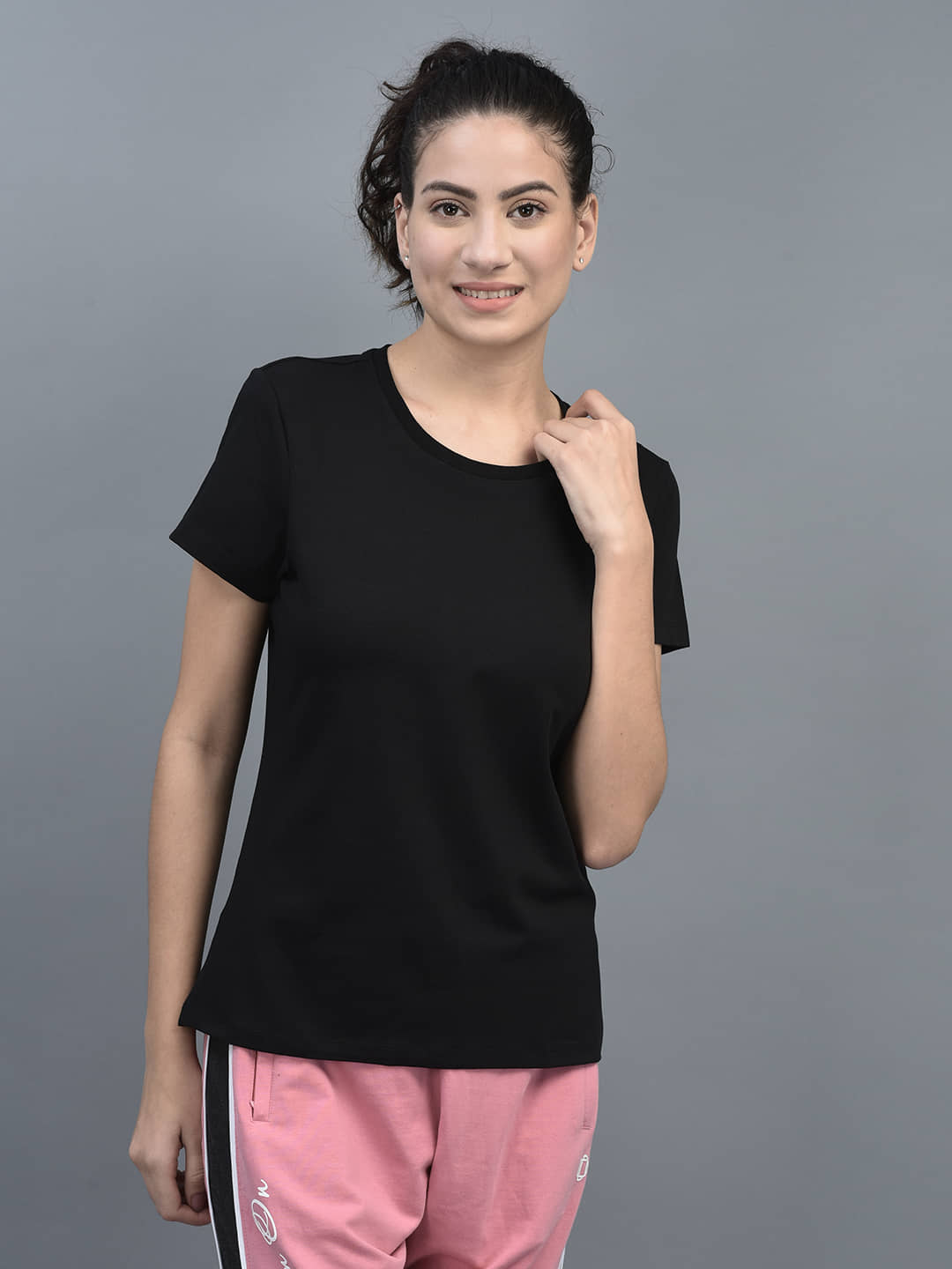 Dollar Women Cotton Blend Solid Regular Fit Round Neck T-Shirt ( Black )
