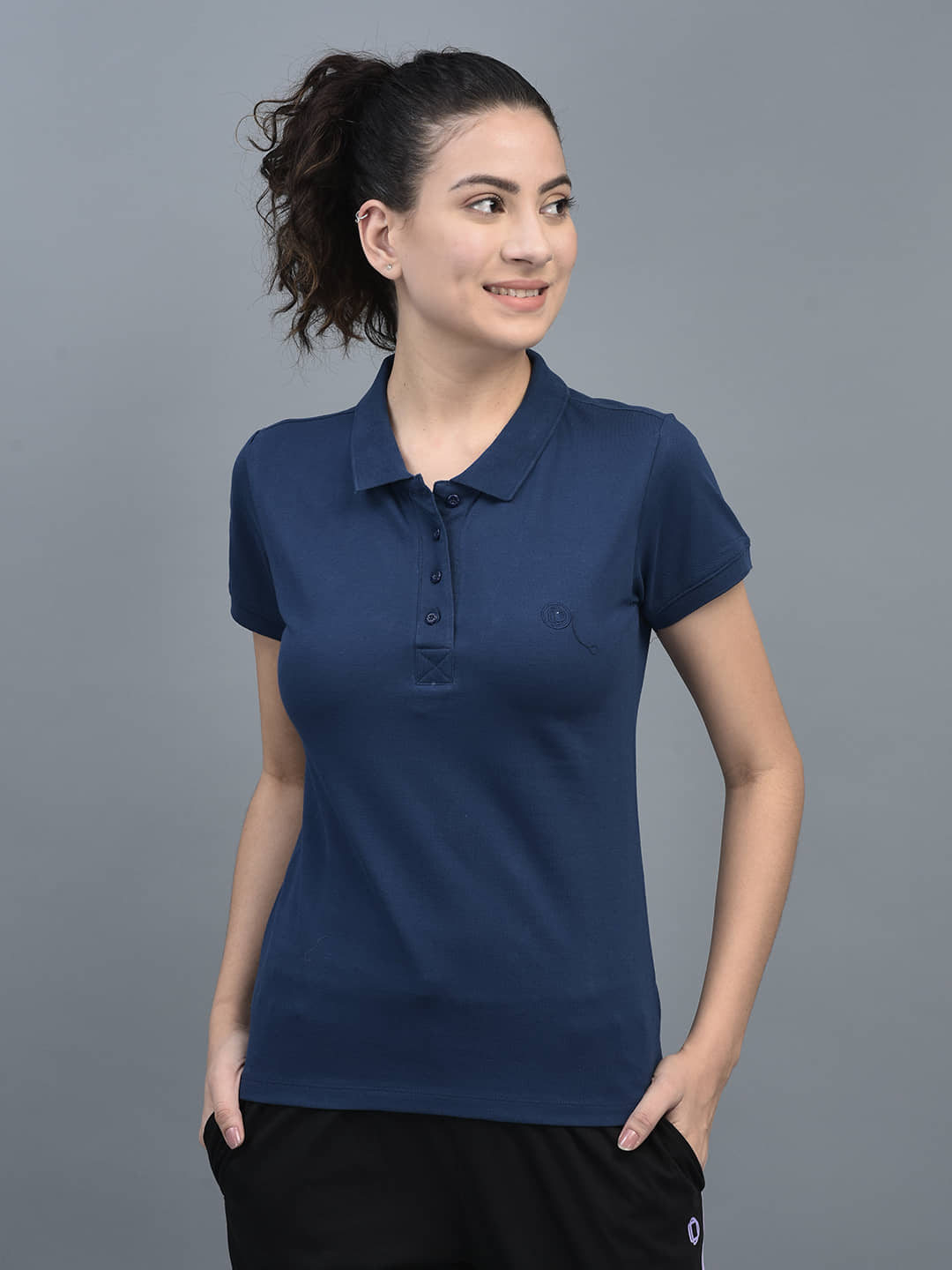 Dollar Women Cotton Blend Solid Regular Fit Polo Collar T-Shirt ( Navy )