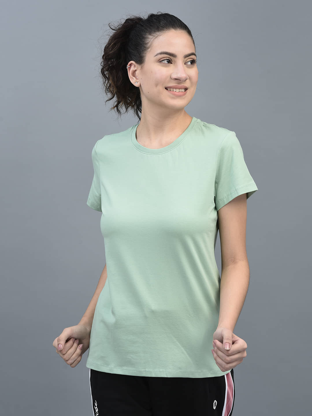 Dollar Women Cotton Blend Solid Regular Fit Round Neck T-Shirt ( Sea Green )