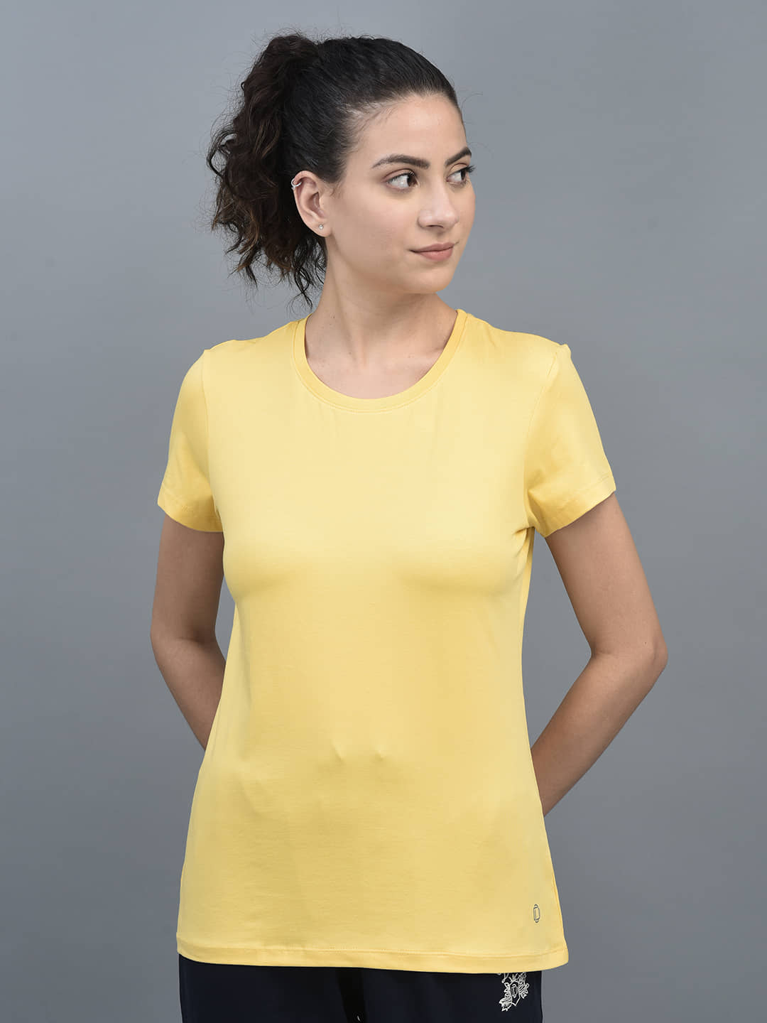 Dollar Women Cotton Blend Solid Regular Fit Round Neck T-Shirt ( Yellow )