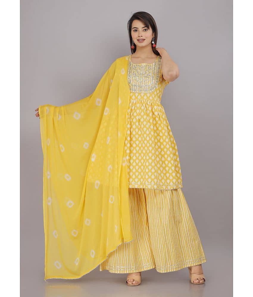HIGHLIGHT FASHION EXPORT Cotton Printed Kurti With Sharara And Gharara Women's Stitched Salwar Suit - Yellow ( Pack of 1 )