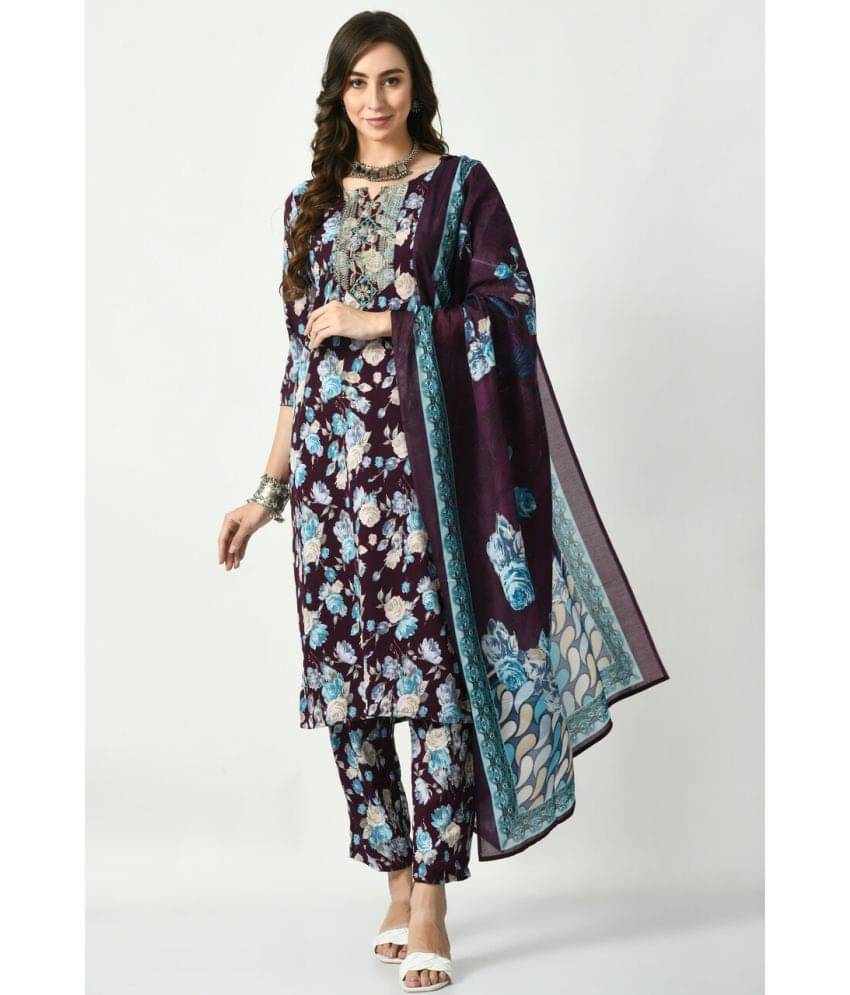 S Majida Cotton Blend Printed Kurti With Pants Women's Stitched Salwar Suit - Violet ( Pack of 1 ) S Majida Cotton Blend Printed Kurti With Pants Women's Stitched Salwar Suit - Violet ( Pack of 1 )