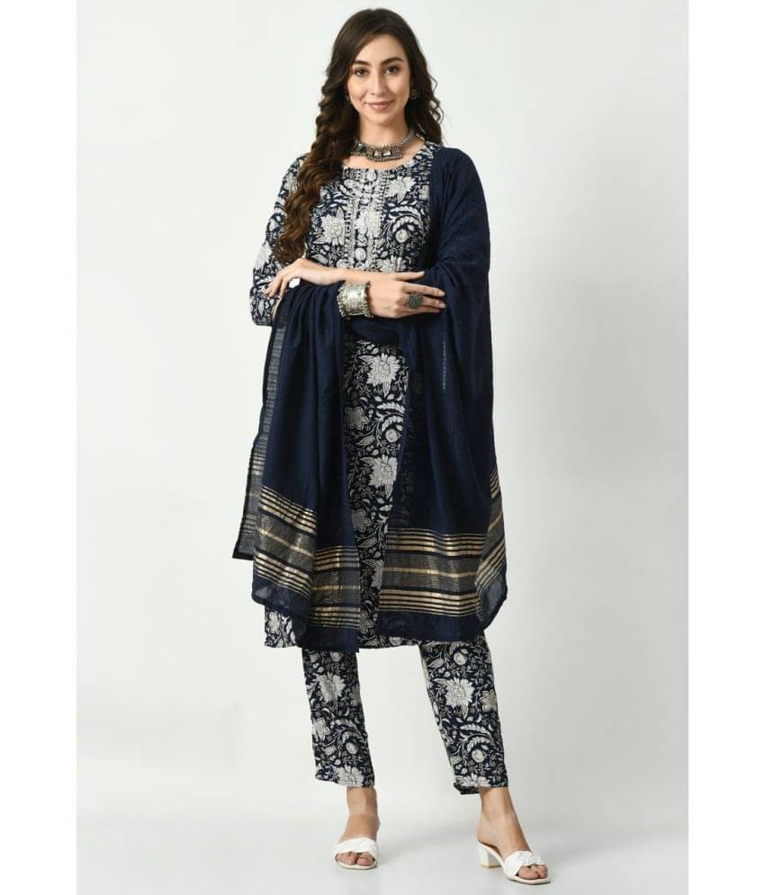 S Majida Cotton Blend Printed Kurti With Pants Women's Stitched Salwar Suit - Navy Blue ( Pack of 1 ) S Majida Cotton Blend Printed Kurti With Pants Women's Stitched Salwar Suit - Navy Blue ( Pack of 1 )