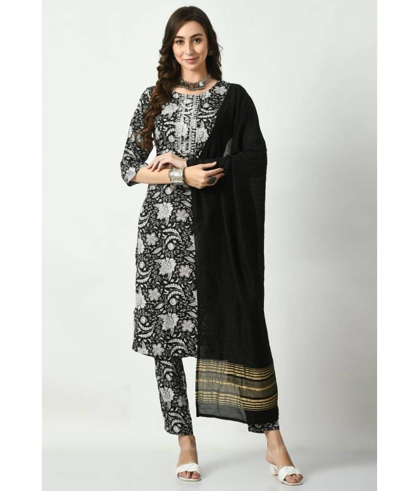     			S Majida Cotton Blend Printed Kurti With Pants Women's Stitched Salwar Suit - Black ( Pack of 1 )