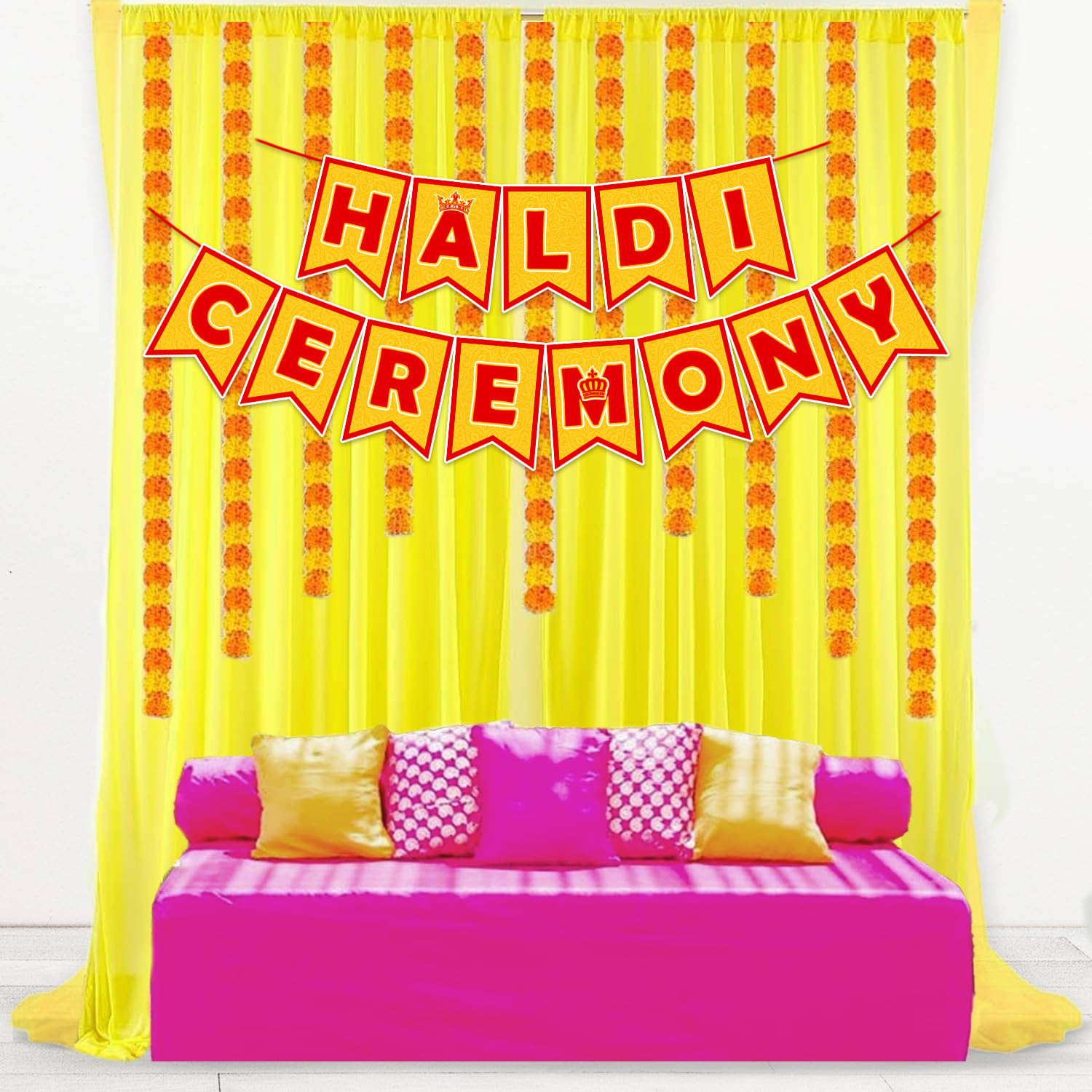     			Zyozi Haldi Ceremony Decoration Kit | Haldi Ceremony Decorations Items For Bride - Haldi Ceremony Banner & Yellow Net Curtains (Pack of 2)
