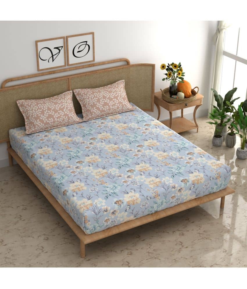 chhavi india Cotton Floral 1 Double King Size Bedsheet with 2 Pillow Covers - Blue