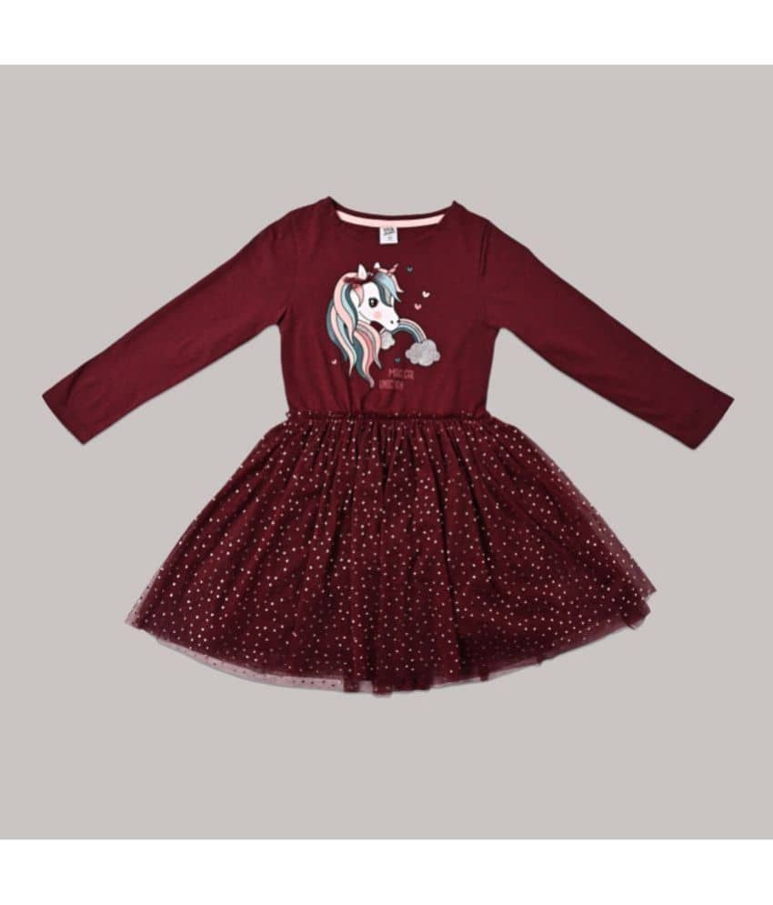 Cherry Tree Cotton Blend Fit And Flare Dress For Girls ( Pack of 1 , Maroon )