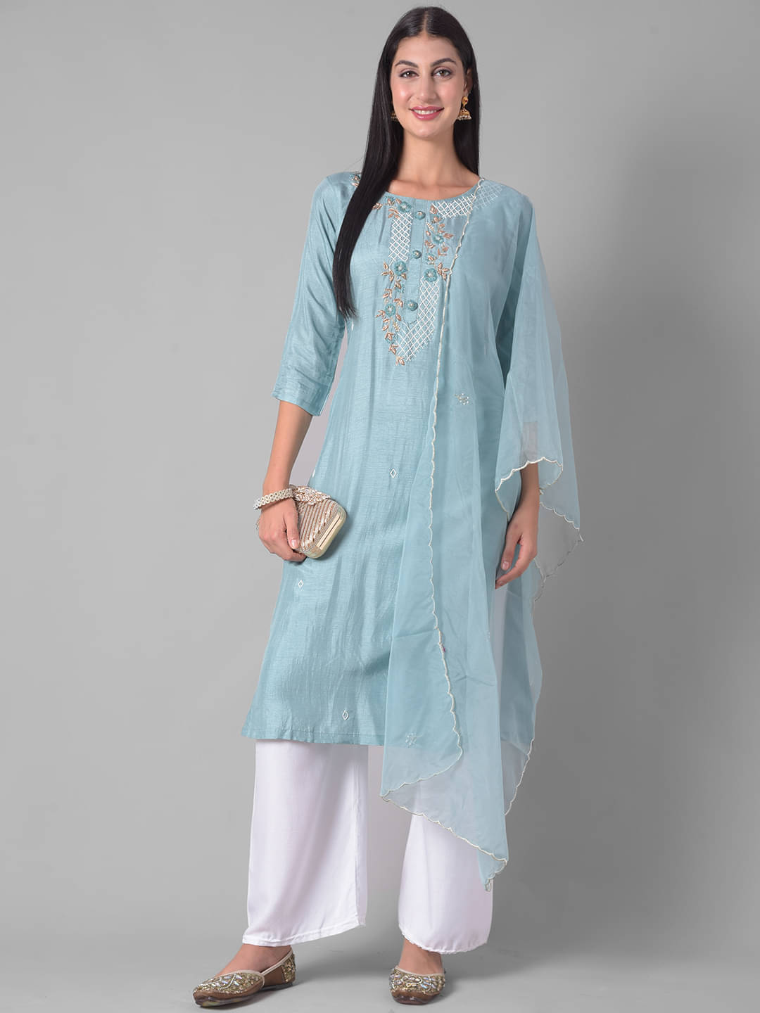 Dollar Missy Cotton Blend Embellished Straight Women's Kurti - Blue ( Pack of 1 ) Dollar Missy Cotton Blend Embellished Straight Women's Kurti - Blue ( Pack of 1 )