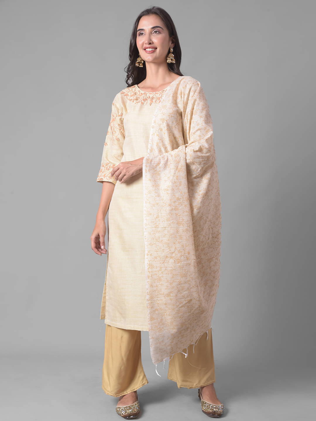 Dollar Missy Cotton Blend Embroidered Straight Women's Kurti - Beige ( Pack of 1 ) Dollar Missy Cotton Blend Embroidered Straight Women's Kurti - Beige ( Pack of 1 )