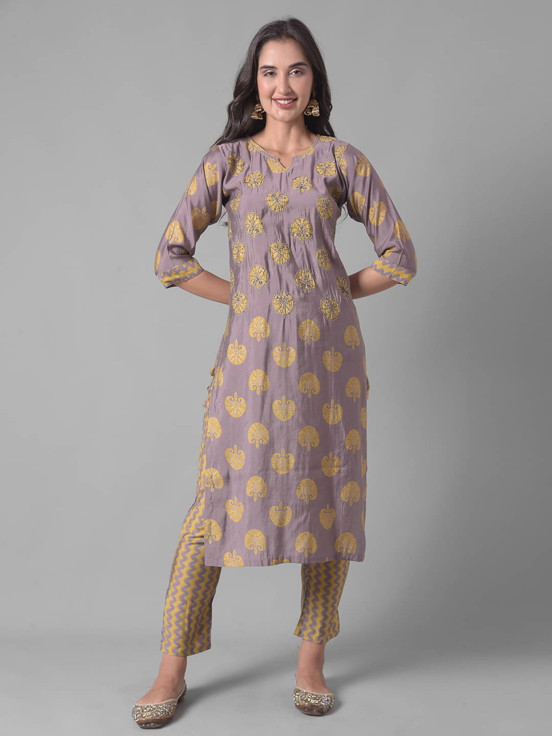     			Dollar Missy Cotton Blend Self Design Straight Women's Kurti - Grey ( Pack of 1 )