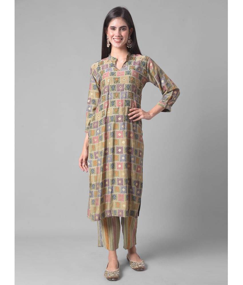     			Dollar Missy Cotton Blend Self Design Straight Women's Kurti - Green ( Pack of 1 )