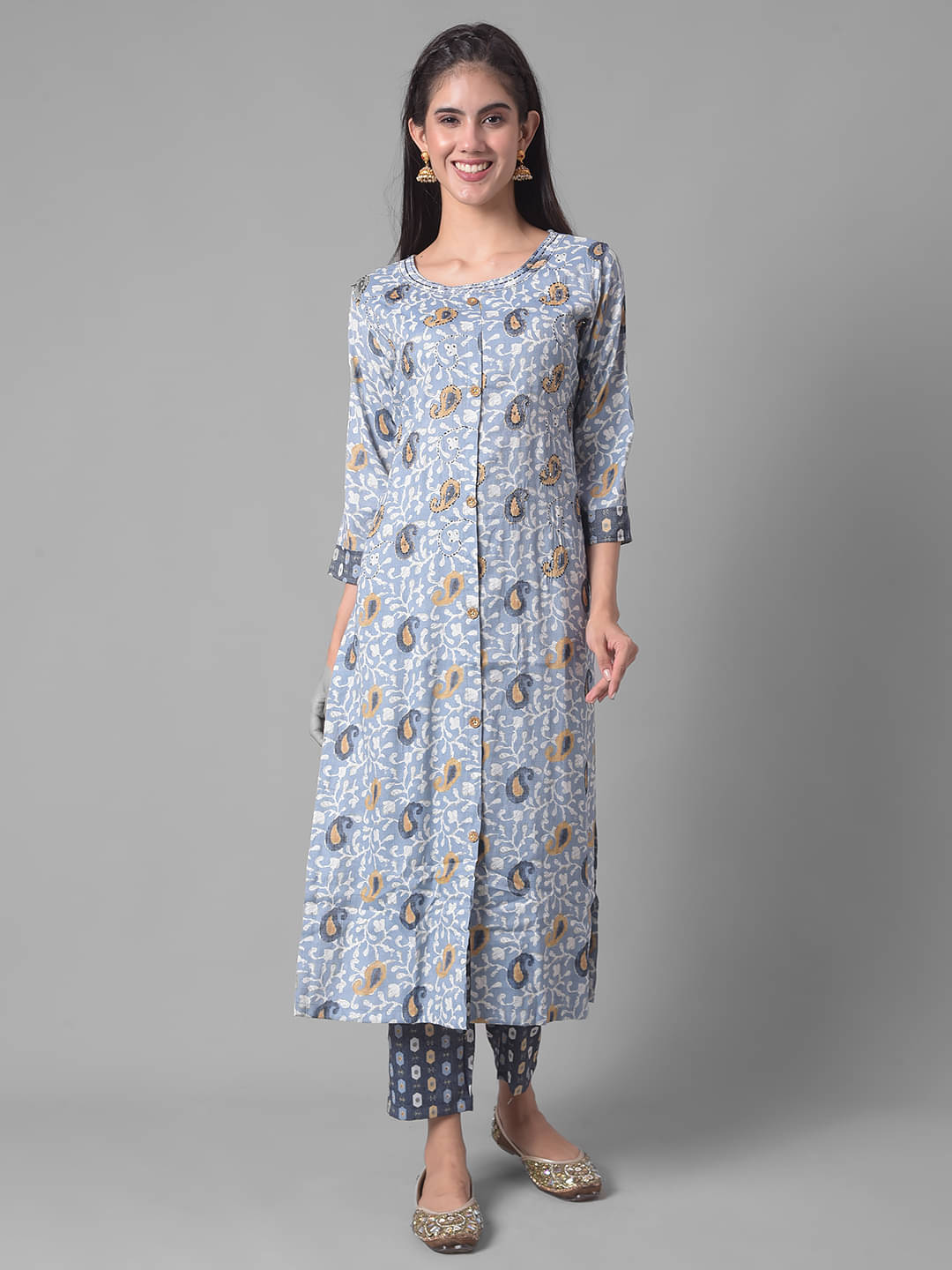     			Dollar Missy Cotton Blend Self Design Straight Women's Kurti - Blue ( Pack of 1 )