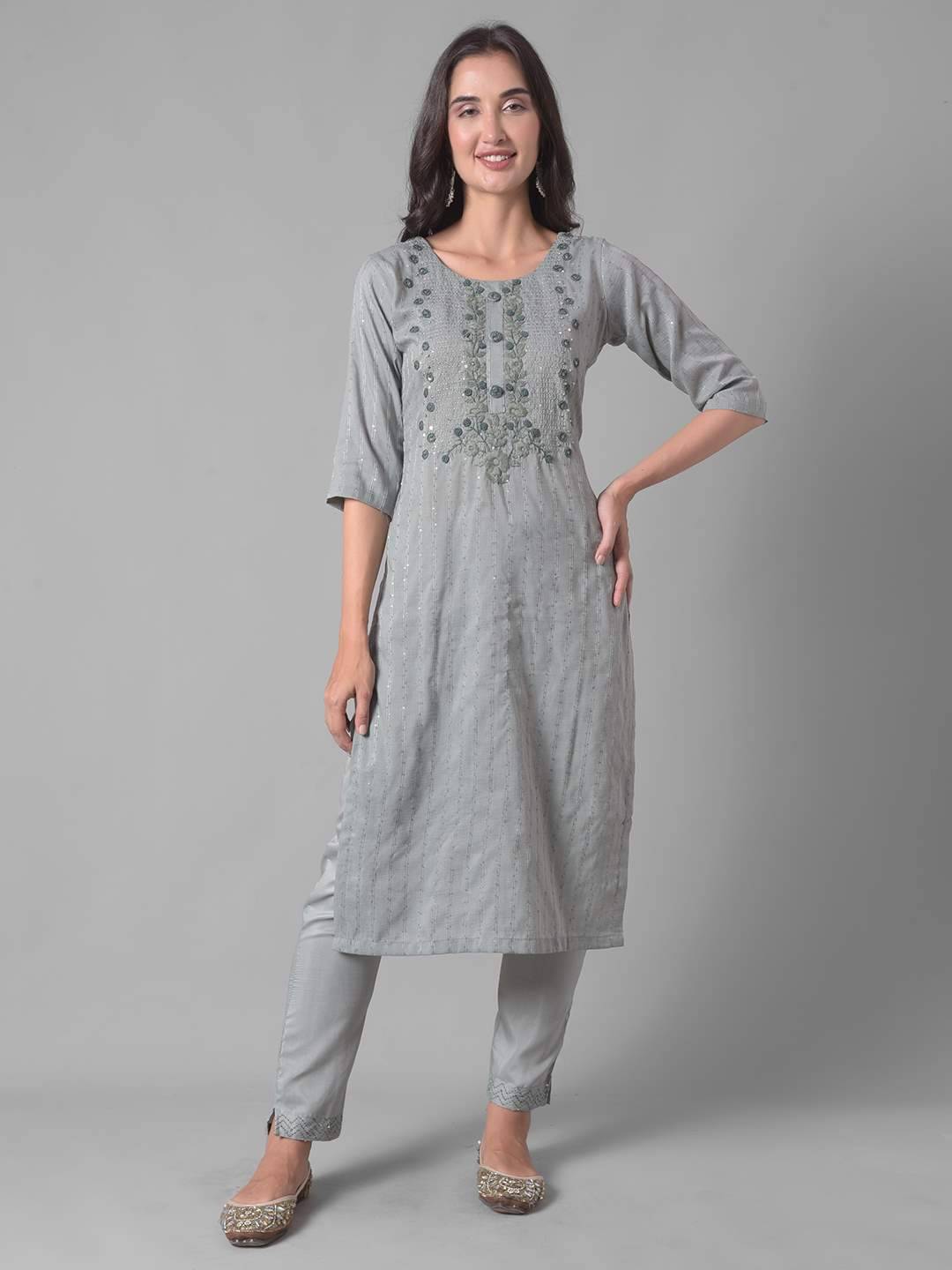     			Dollar Missy Cotton Blend Self Design Straight Women's Kurti - Grey ( Pack of 1 )