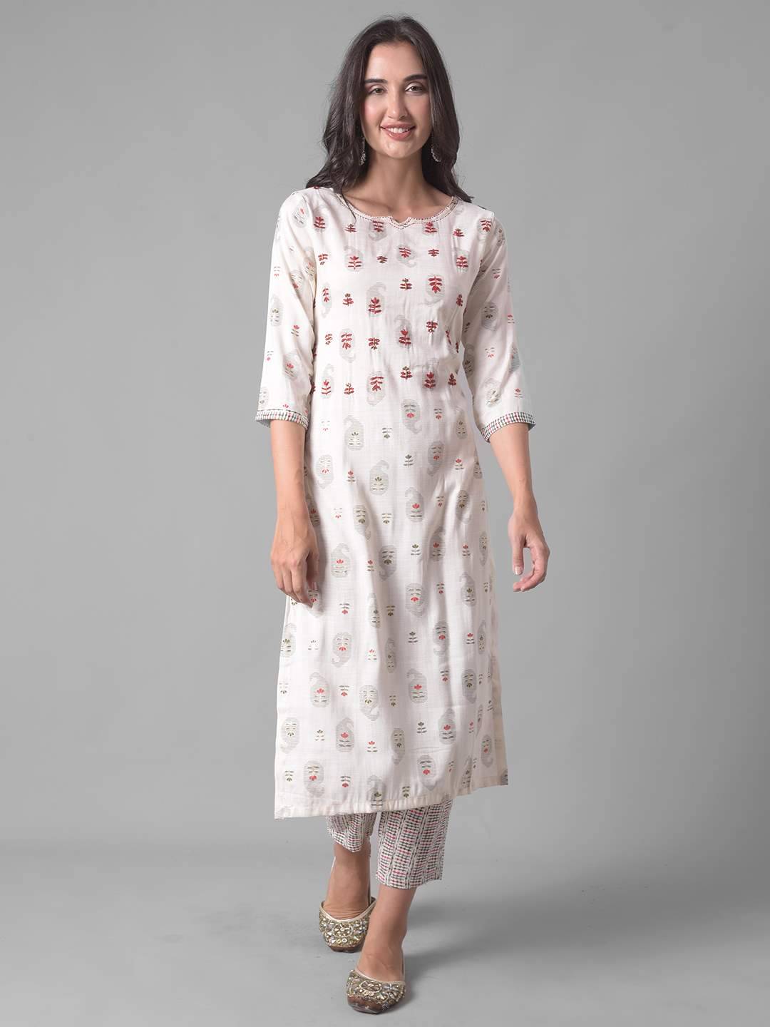     			Dollar Missy Cotton Blend Self Design Straight Women's Kurti - White ( Pack of 1 )