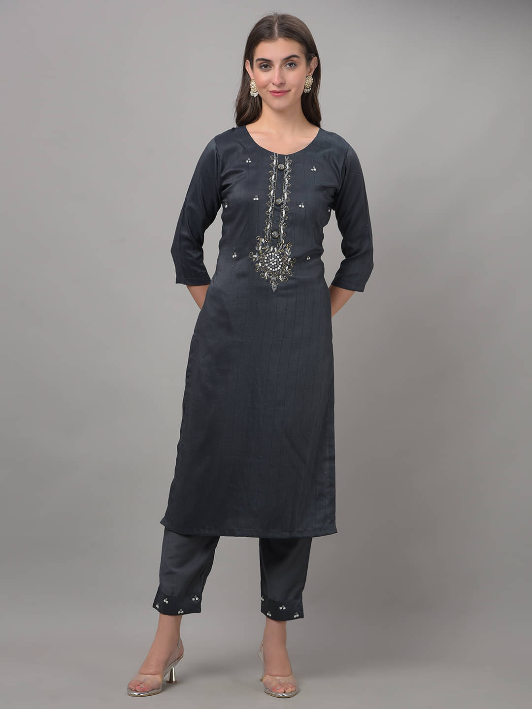     			Dollar Missy Cotton Blend Self Design Straight Women's Kurti - Grey ( Pack of 1 )