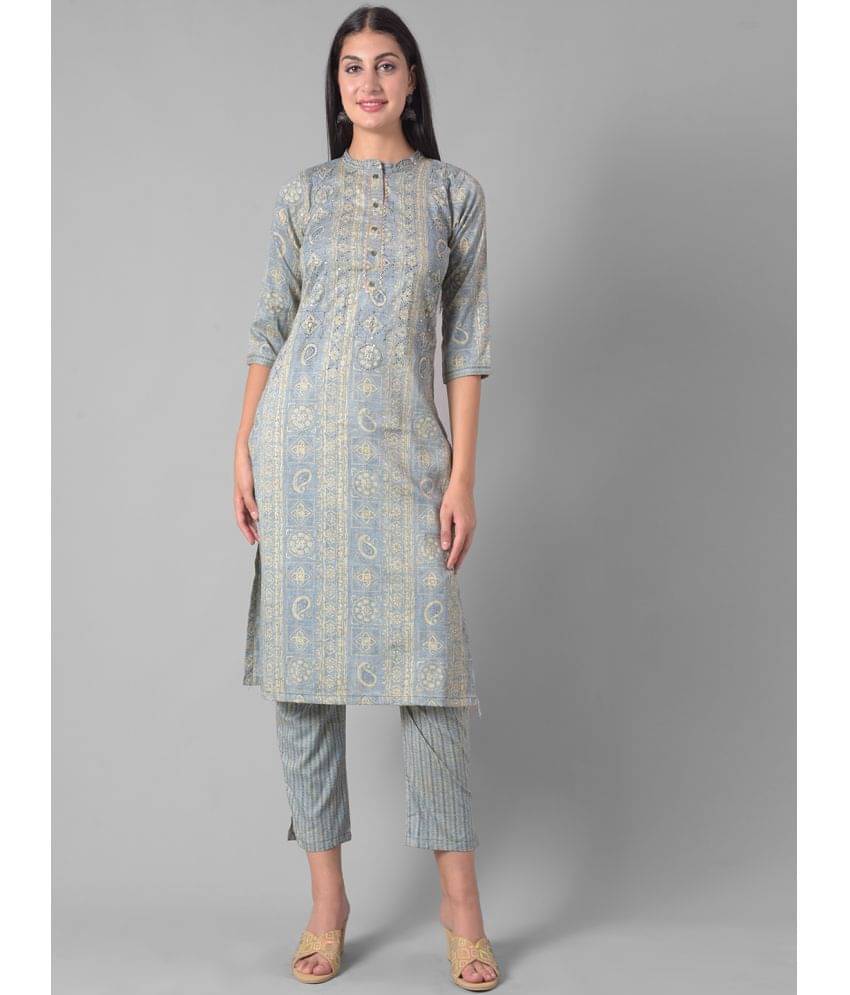     			Dollar Missy Cotton Blend Self Design Straight Women's Kurti - Blue ( Pack of 1 )