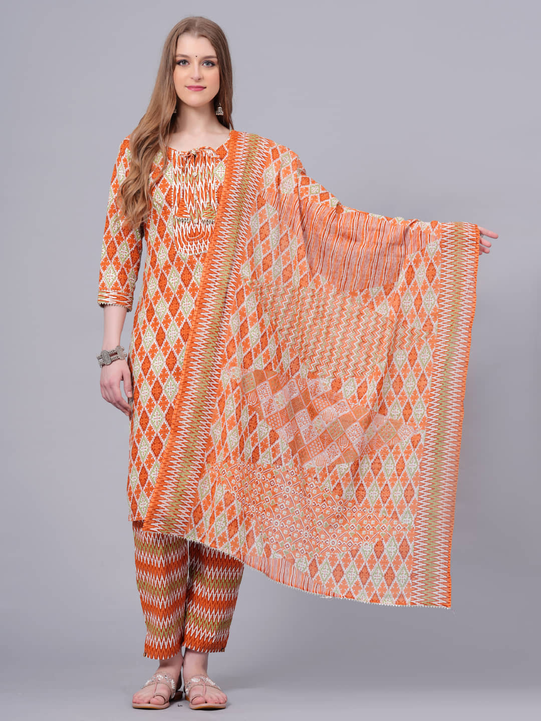 JC4U Cotton Printed Kurti With Pants Women's Stitched Salwar Suit - Orange ( Pack of 1 )