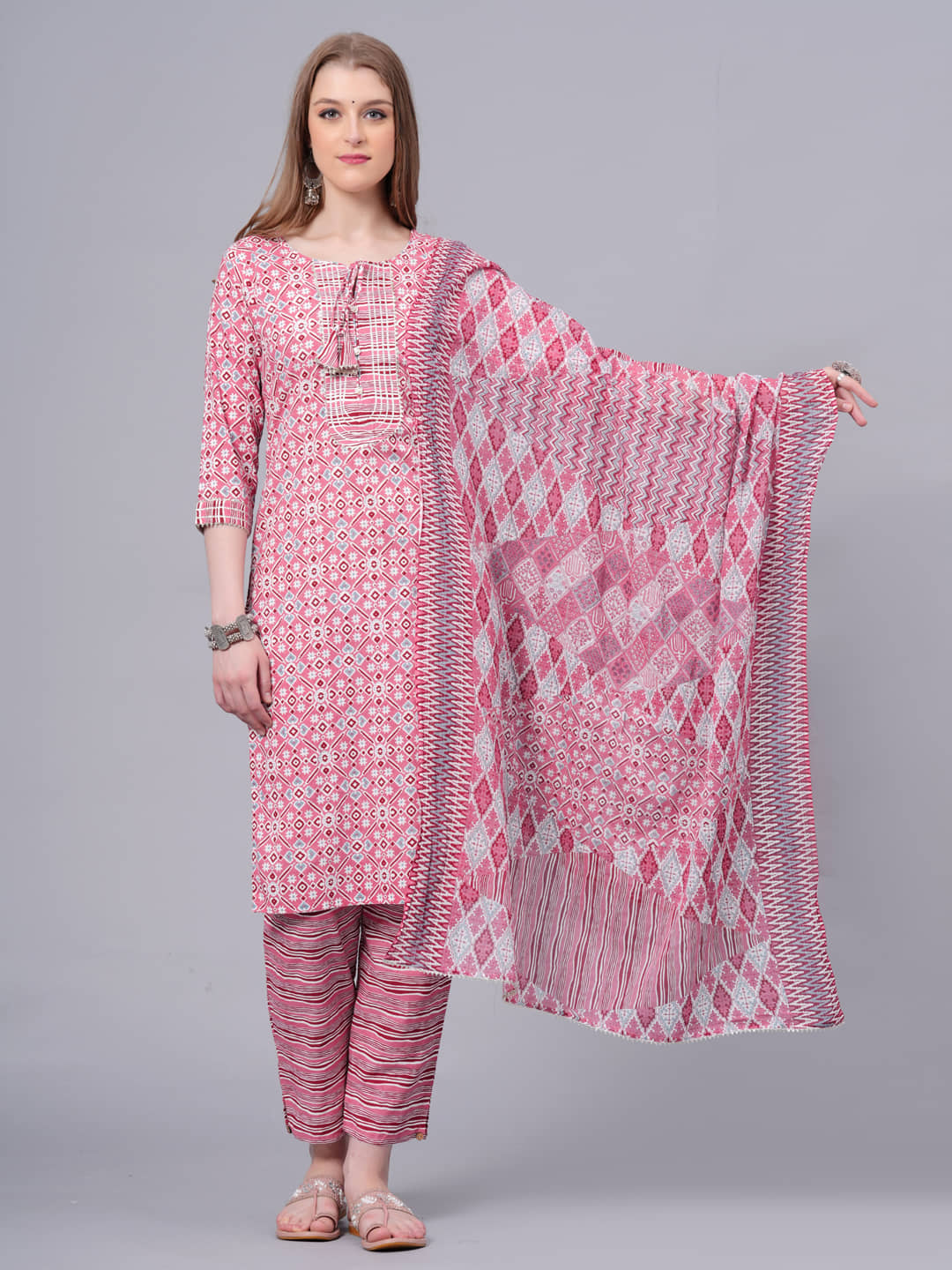 JC4U Cotton Printed Kurti With Pants Women's Stitched Salwar Suit - Pink ( Pack of 1 )