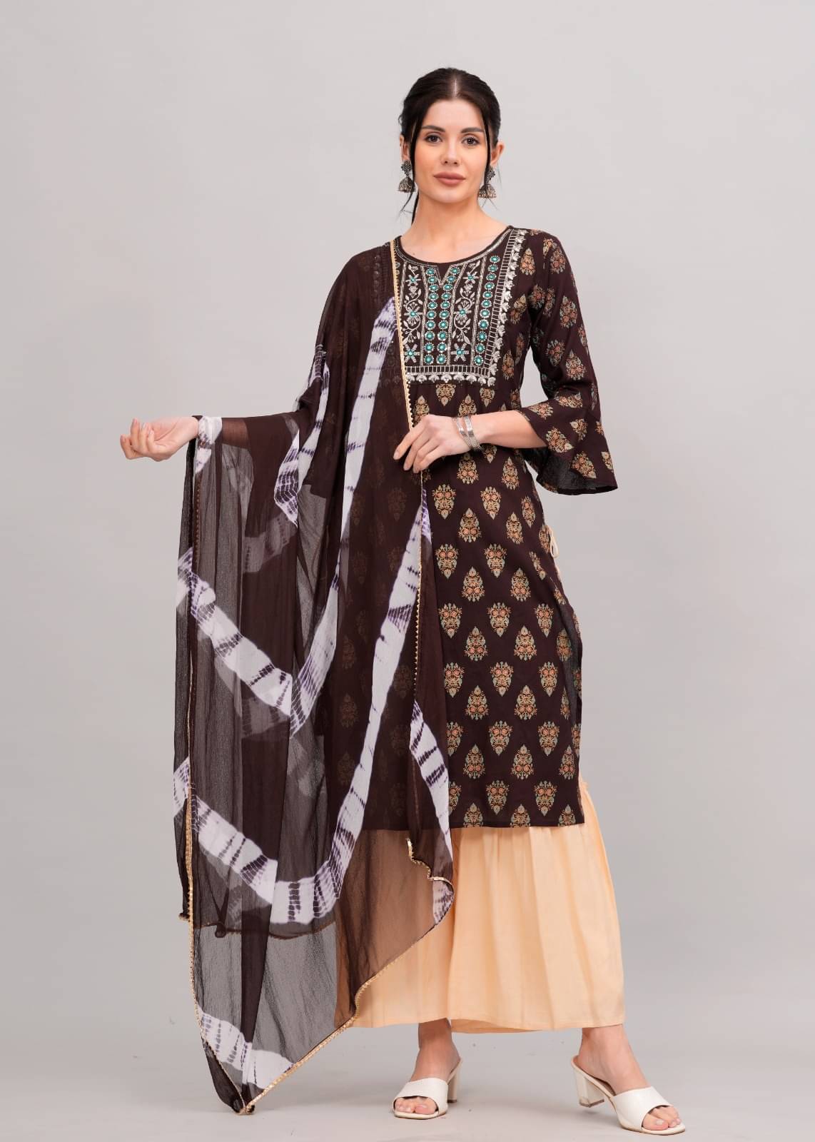MAUKA Rayon Printed Kurti With Sharara And Gharara Women's Stitched Salwar Suit - Brown ( Pack of 1 ) MAUKA Rayon Printed Kurti With Sharara And Gharara Women's Stitched Salwar Suit - Brown ( Pack of 1 )