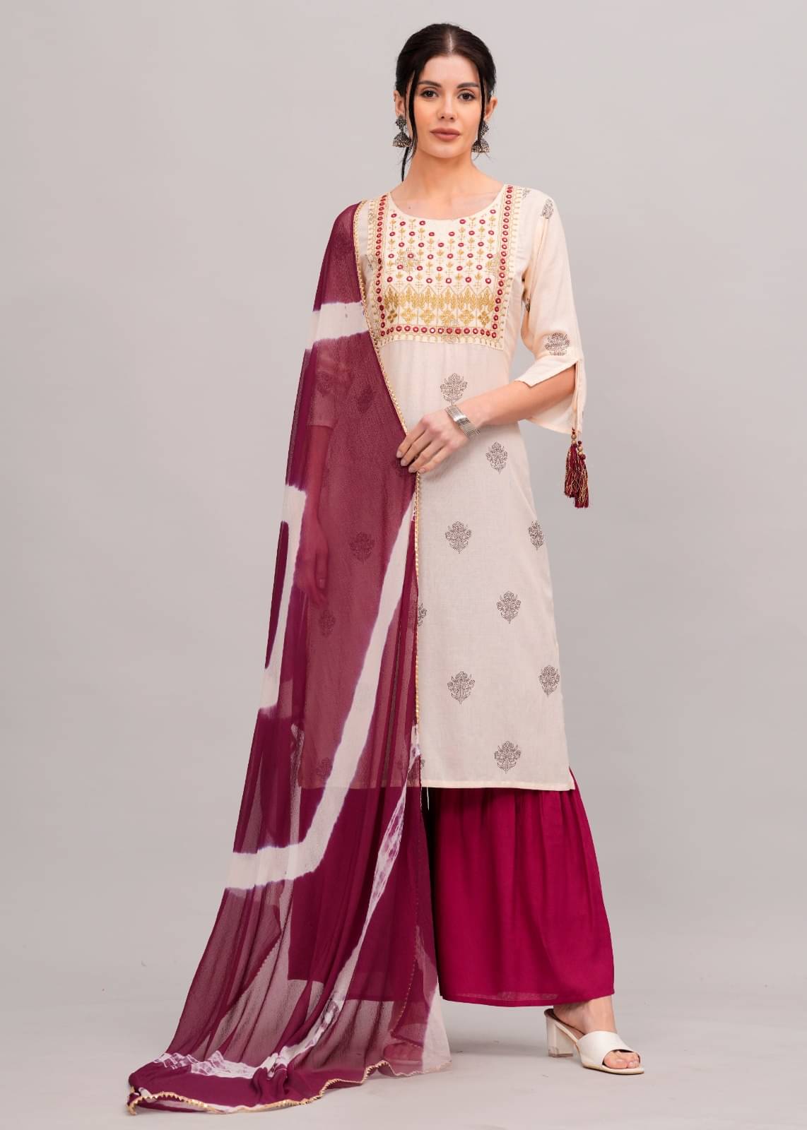 MAUKA Rayon Printed Kurti With Sharara And Gharara Women's Stitched Salwar Suit - Cream ( Pack of 1 ) MAUKA Rayon Printed Kurti With Sharara And Gharara Women's Stitched Salwar Suit - Cream ( Pack of 1 )