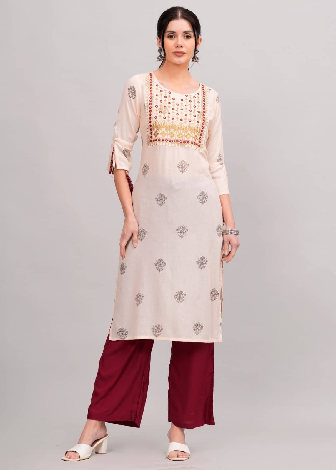 MAUKA Rayon Printed Kurti With Palazzo Women's Stitched Salwar Suit - Cream ( Pack of 1 )