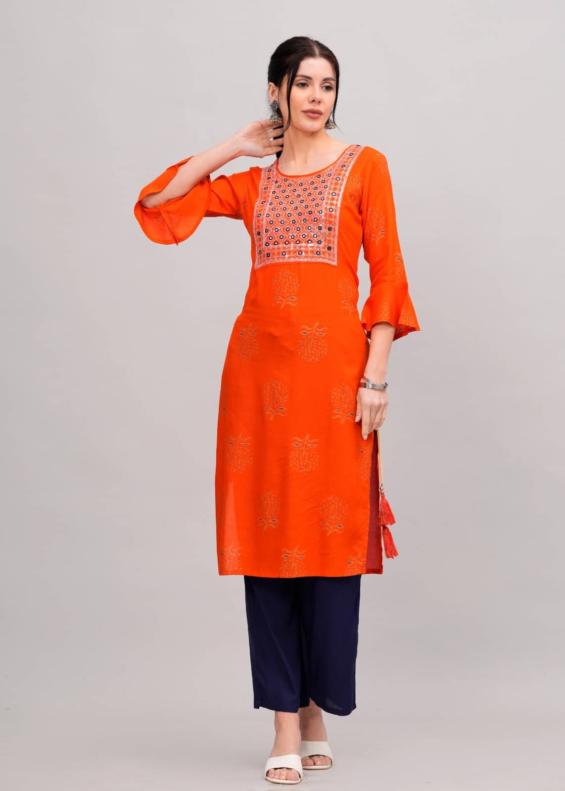     			MAUKA Rayon Printed Kurti With Palazzo Women's Stitched Salwar Suit - Orange ( Pack of 1 )