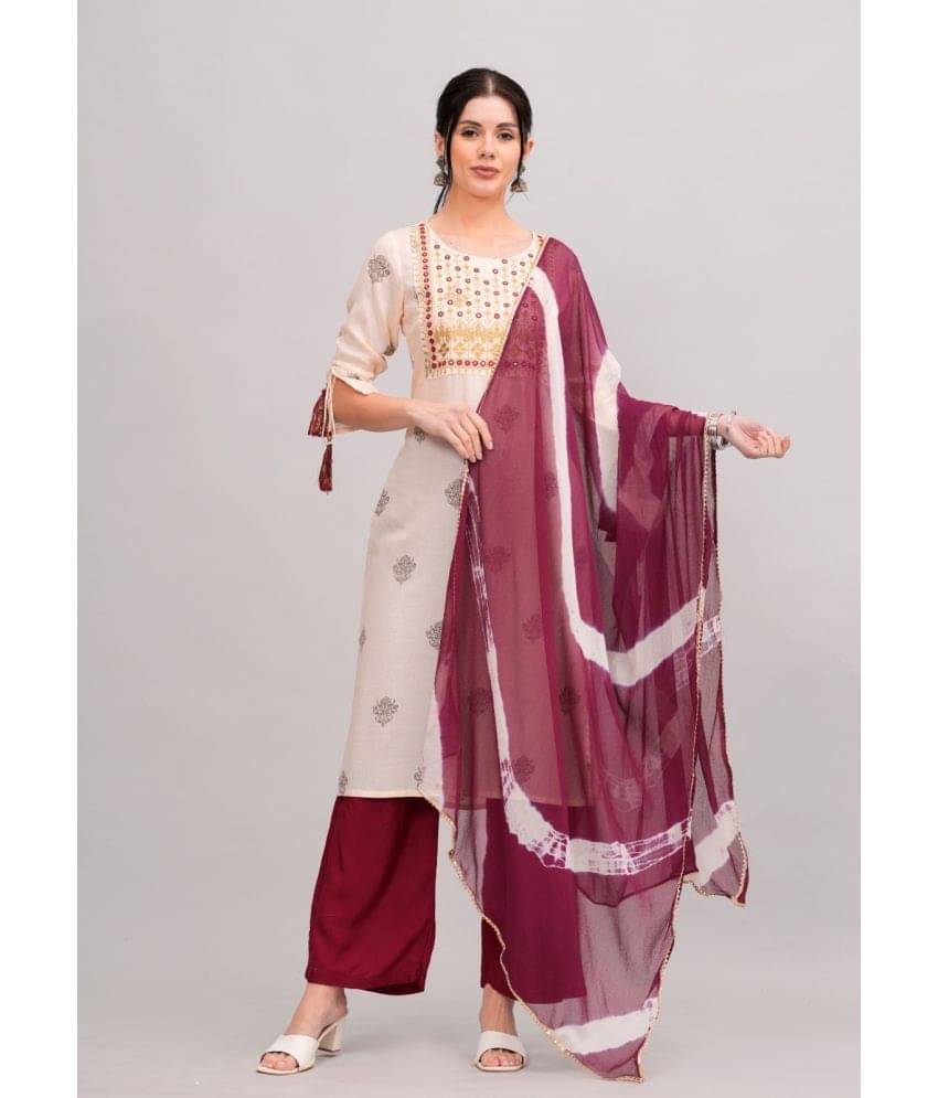 MAUKA Rayon Printed Kurti With Palazzo Women's Stitched Salwar Suit - Cream ( Pack of 1 ) MAUKA Rayon Printed Kurti With Palazzo Women's Stitched Salwar Suit - Cream ( Pack of 1 )