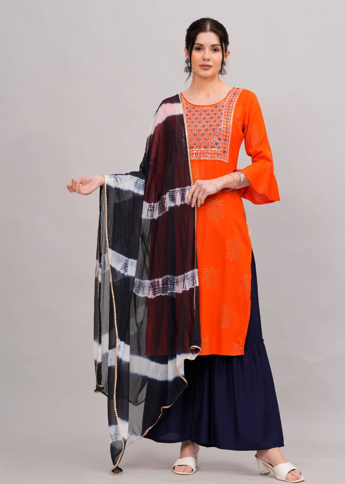     			MAUKA Rayon Printed Kurti With Sharara And Gharara Women's Stitched Salwar Suit - Orange ( Pack of 1 )
