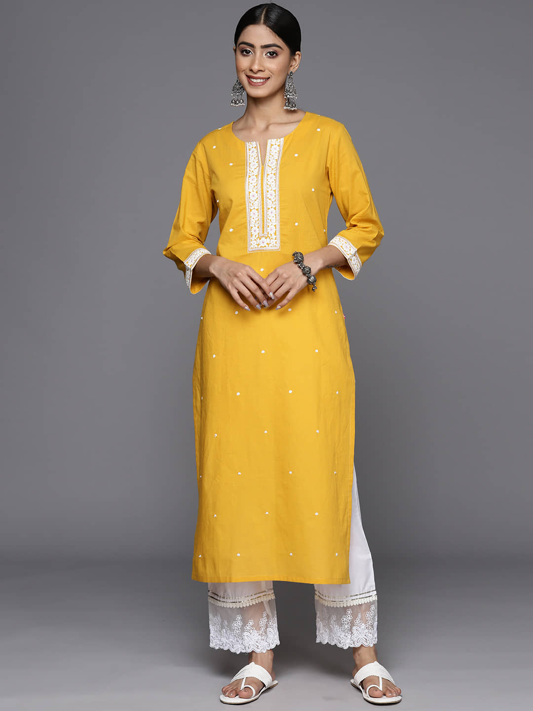 Varanga Cotton Embroidered Straight Women's Kurti - Mustard ( Pack of 1 ) - Kurtis, Tunics | Buy online on ZillyBuy