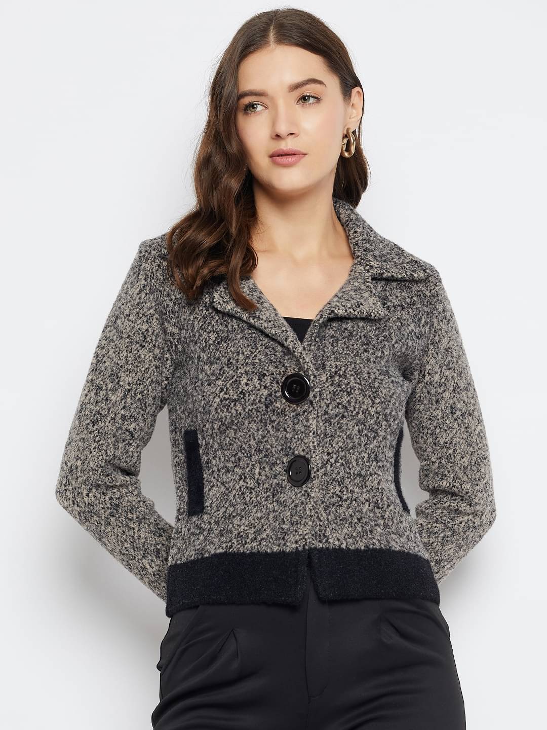 zigo Women Woollen Shirt Collar Cardigan ( Black ) zigo Women Woollen Shirt Collar Cardigan ( Black )