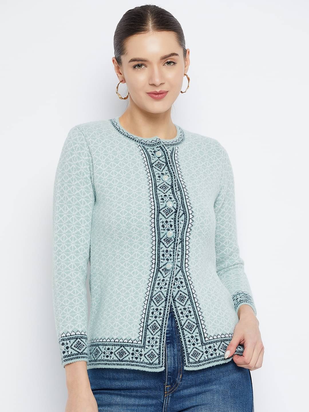 zigo Women Woollen Round Neck Cardigan ( Blue ) zigo Women Woollen Round Neck Cardigan ( Blue )