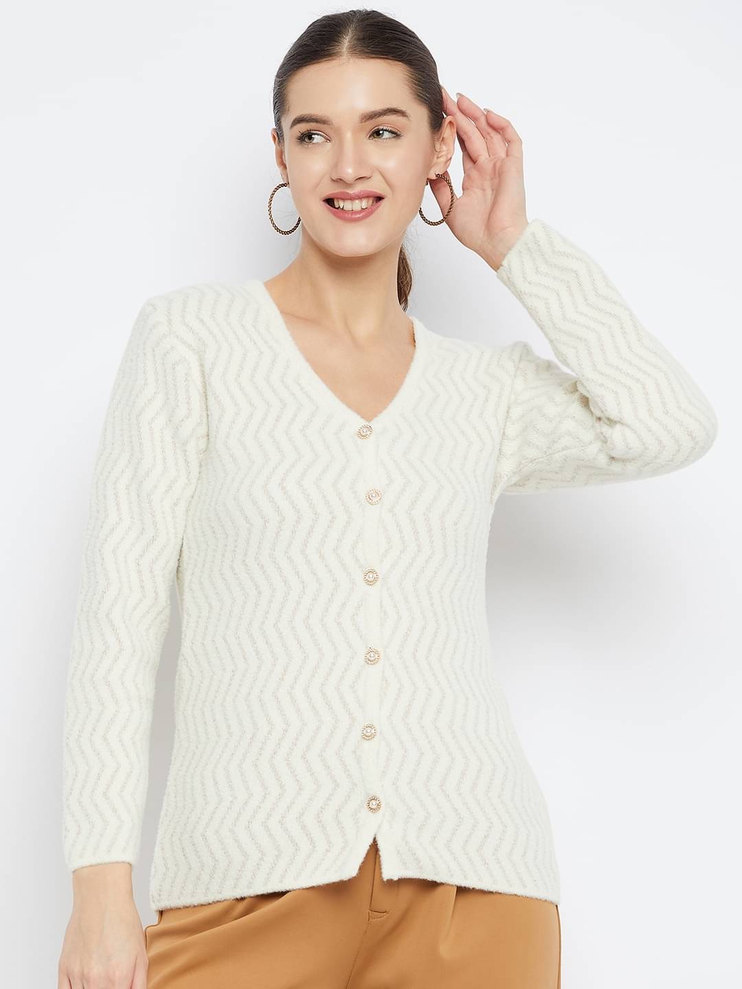 zigo Woollen V Neck Women's Cardigans Dress - White ( Single ) zigo Woollen V Neck Women's Cardigans Dress - White ( Single )