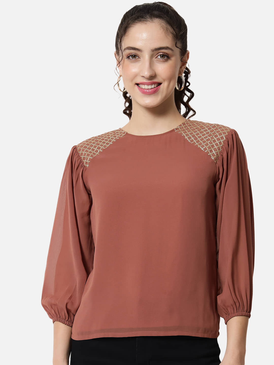ALL WAYS YOU Brown Georgette Women's Regular Top ( Pack of 1 )