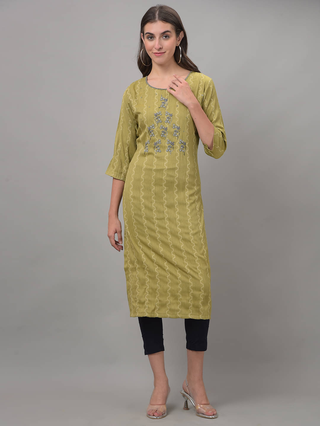     			Dollar Missy Cotton Blend Embellished Straight Women's Kurti - Green ( Pack of 1 )