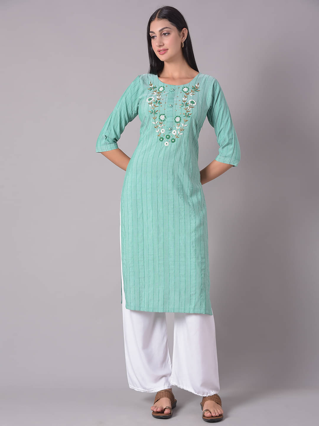     			Dollar Missy Cotton Blend Embellished Straight Women's Kurti - Green ( Pack of 1 )