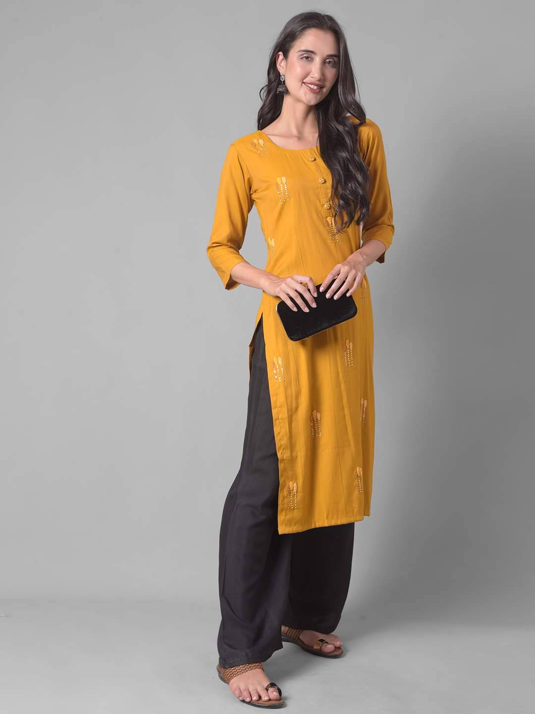 Dollar Missy Cotton Blend Embellished Straight Women's Kurti - Yellow ( Pack of 1 )     			Dollar Missy Cotton Blend Embellished Straight Women's Kurti - Yellow ( Pack of 1 )