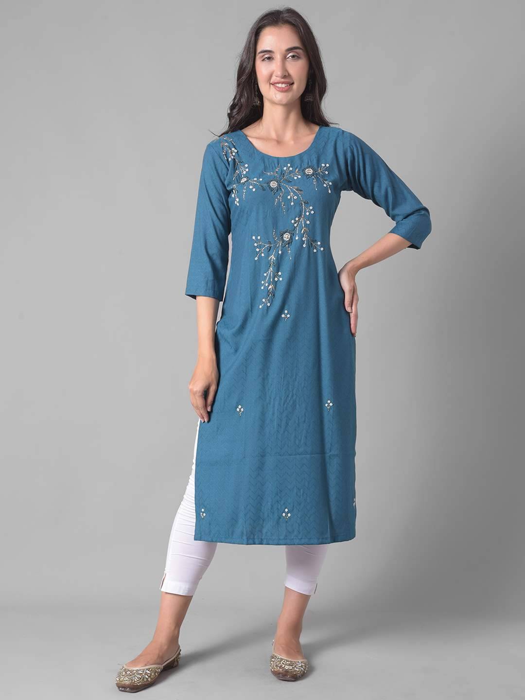 Dollar Missy Cotton Blend Embroidered Straight Women's Kurti - Blue ( Pack of 1 ) Dollar Missy Cotton Blend Embroidered Straight Women's Kurti - Blue ( Pack of 1 )