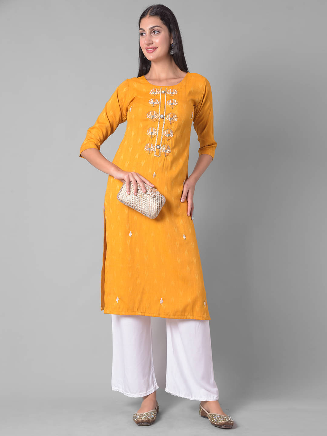 Dollar Missy Cotton Blend Embroidered Straight Women's Kurti - Yellow ( Pack of 1 ) Dollar Missy Cotton Blend Embroidered Straight Women's Kurti - Yellow ( Pack of 1 )
