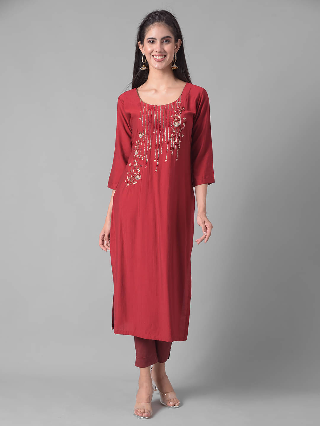 Dollar Missy Cotton Blend Embroidered Straight Women's Kurti - Maroon ( Pack of 1 ) Dollar Missy Cotton Blend Embroidered Straight Women's Kurti - Maroon ( Pack of 1 )